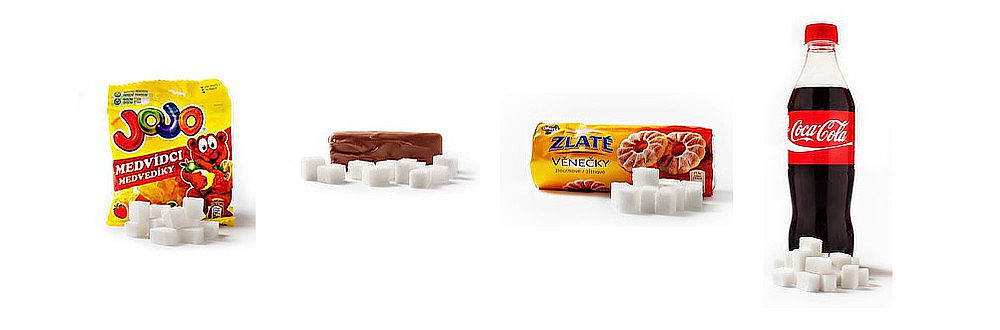 ilustrační obrázek: příklady sladkostí a obsah cukru v nich